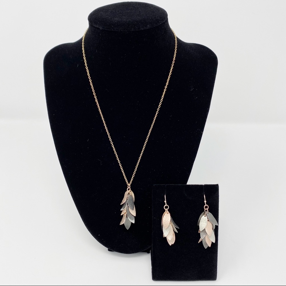 Gold black and silver leaf necklace and earrings